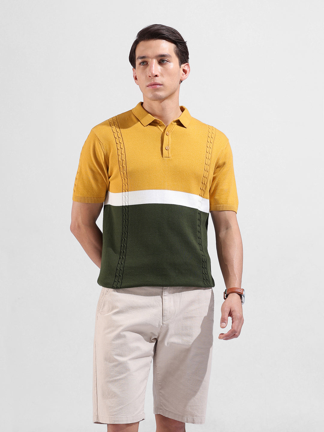 Men's Yellow Slim Fit Textured Flat Knit Polo Collar T-Shirt