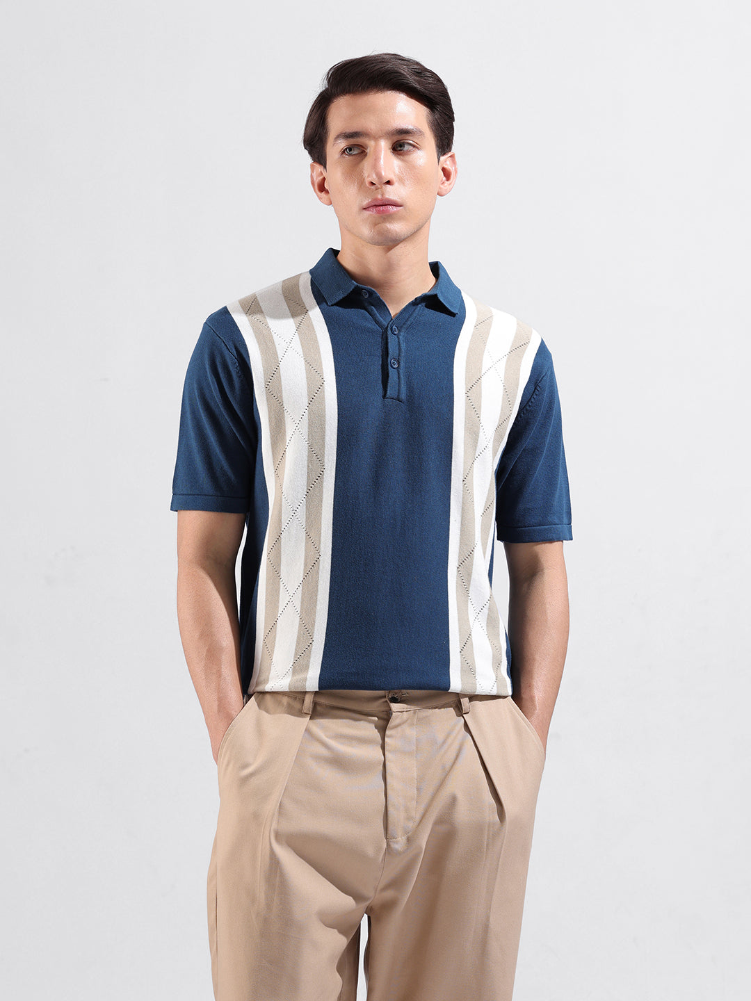 Men's Blue Slim Fit Textured Flat Knit Polo Collar T-Shirt