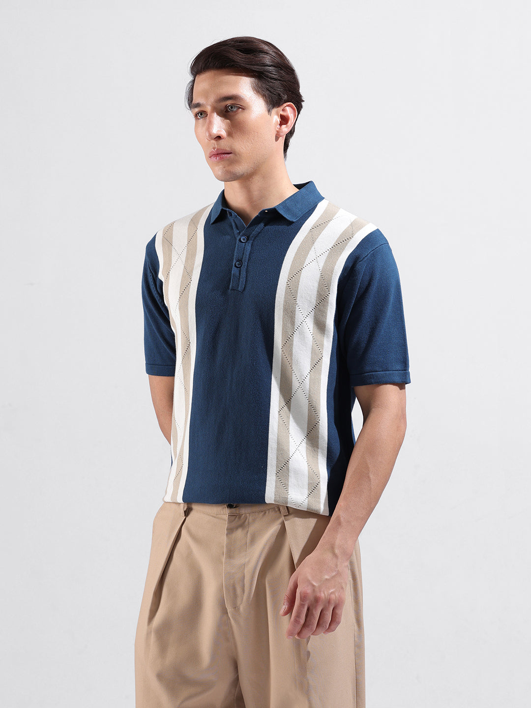 Men's Blue Slim Fit Textured Flat Knit Polo Collar T-Shirt
