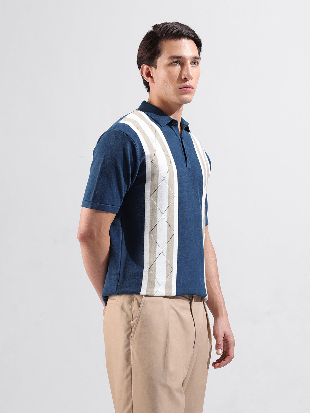 Men's Blue Slim Fit Textured Flat Knit Polo Collar T-Shirt