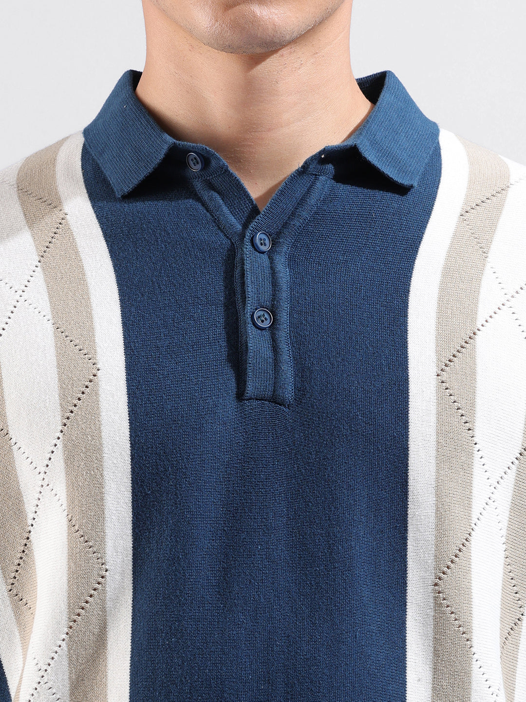 Men's Blue Slim Fit Textured Flat Knit Polo Collar T-Shirt