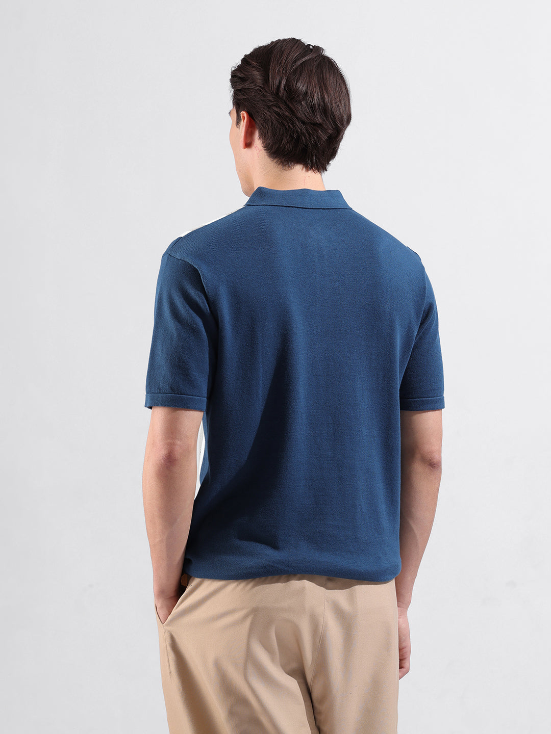 Men's Blue Slim Fit Textured Flat Knit Polo Collar T-Shirt