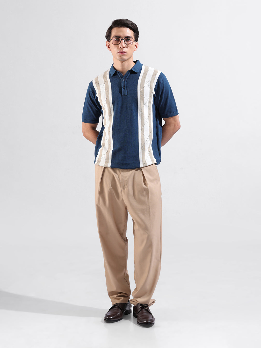 Men's Blue Slim Fit Textured Flat Knit Polo Collar T-Shirt