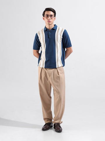Men's Blue Slim Fit Textured Flat Knit Polo Collar T-Shirt