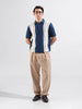 Men's Blue Slim Fit Textured Flat Knit Polo Collar T-Shirt