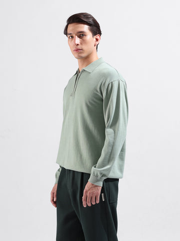 Men's Green Oversized Fit Textured Flat Knit Polo Collar T-Shirt