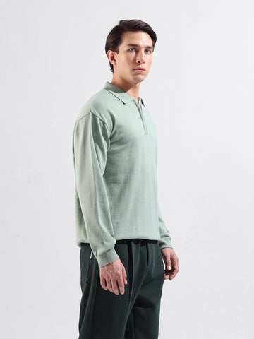 Men's Green Oversized Fit Textured Flat Knit Polo Collar T-Shirt