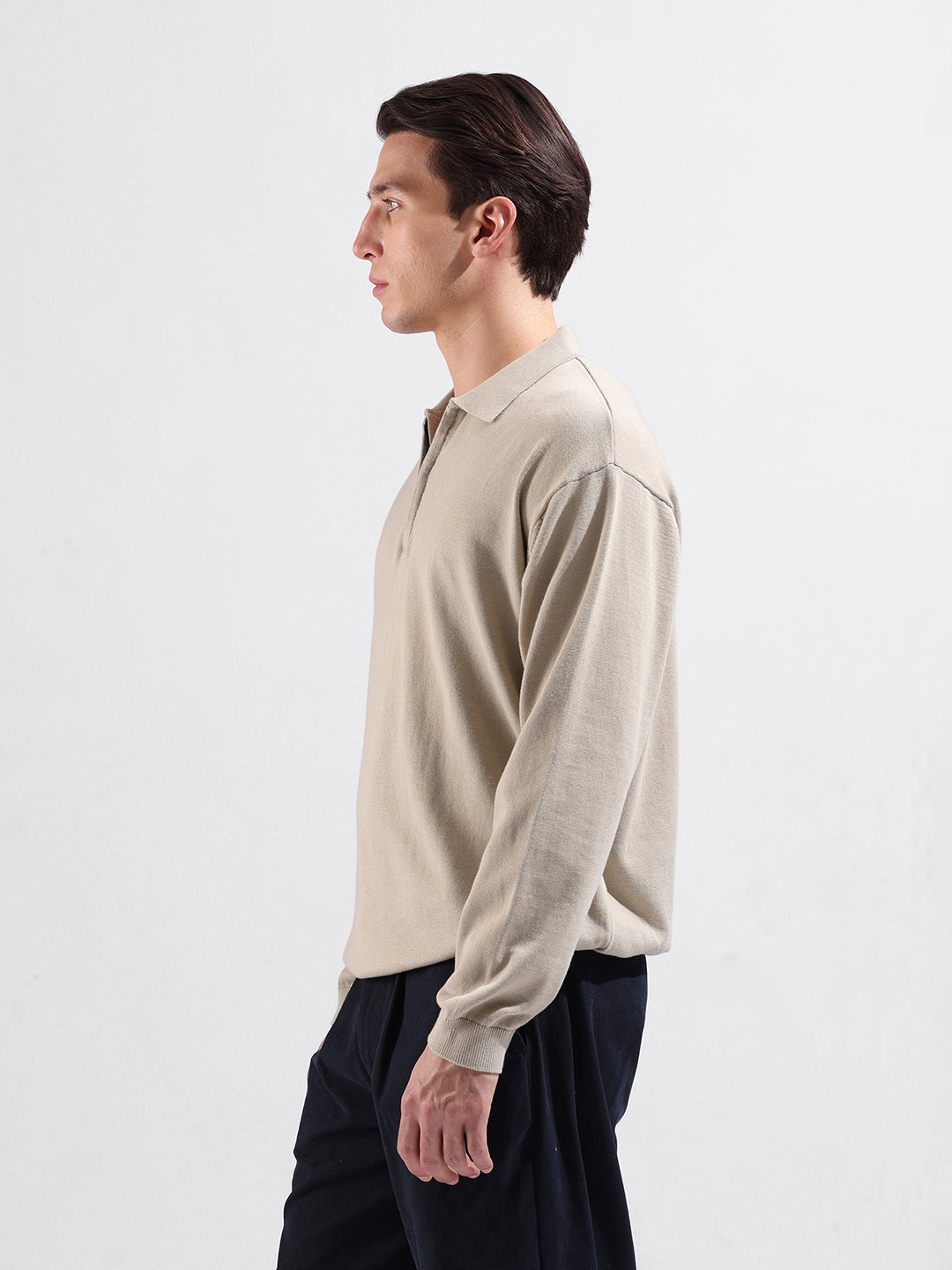 Men's Beige Oversized Fit Textured Flat Knit Polo Collar T-Shirt