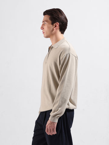 Men's Beige Oversized Fit Textured Flat Knit Polo Collar T-Shirt