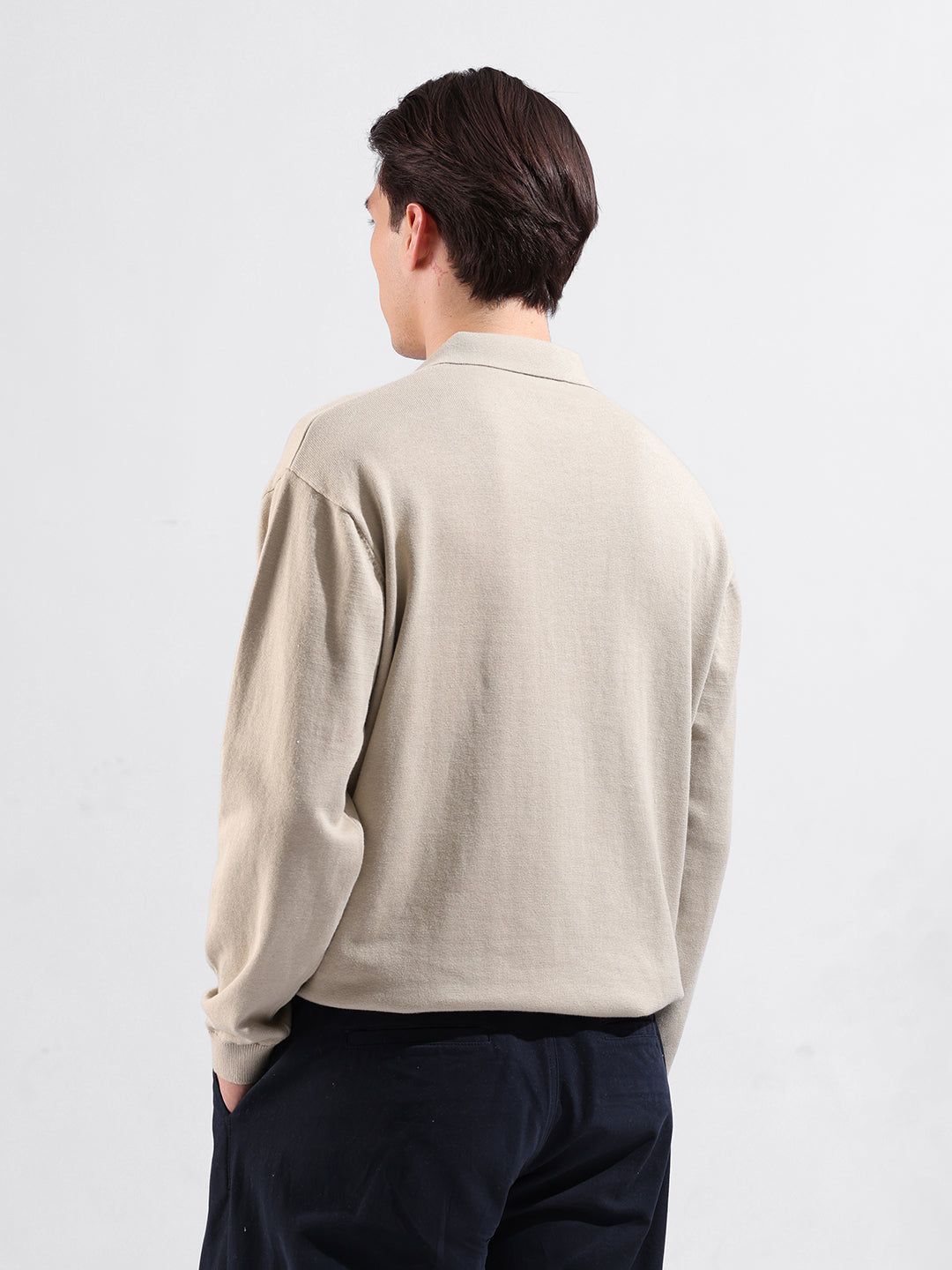 Men's Beige Oversized Fit Textured Flat Knit Polo Collar T-Shirt