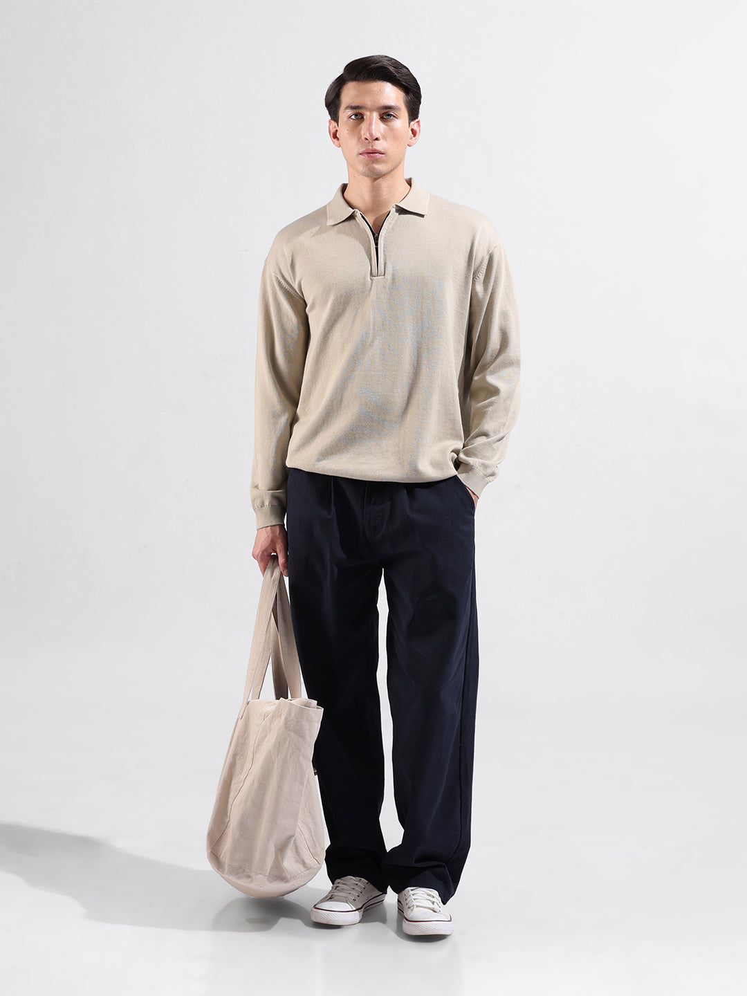 Men's Beige Oversized Fit Textured Flat Knit Polo Collar T-Shirt