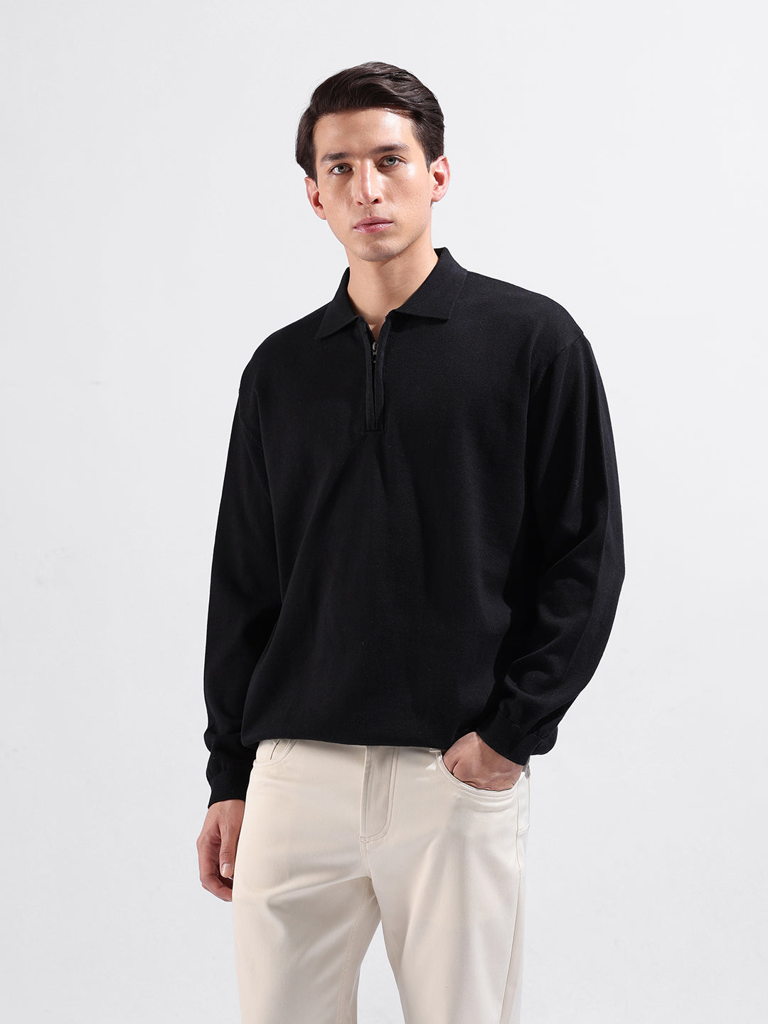 Men's Black Oversized Fit Textured Flat Knit Polo Collar T-Shirt