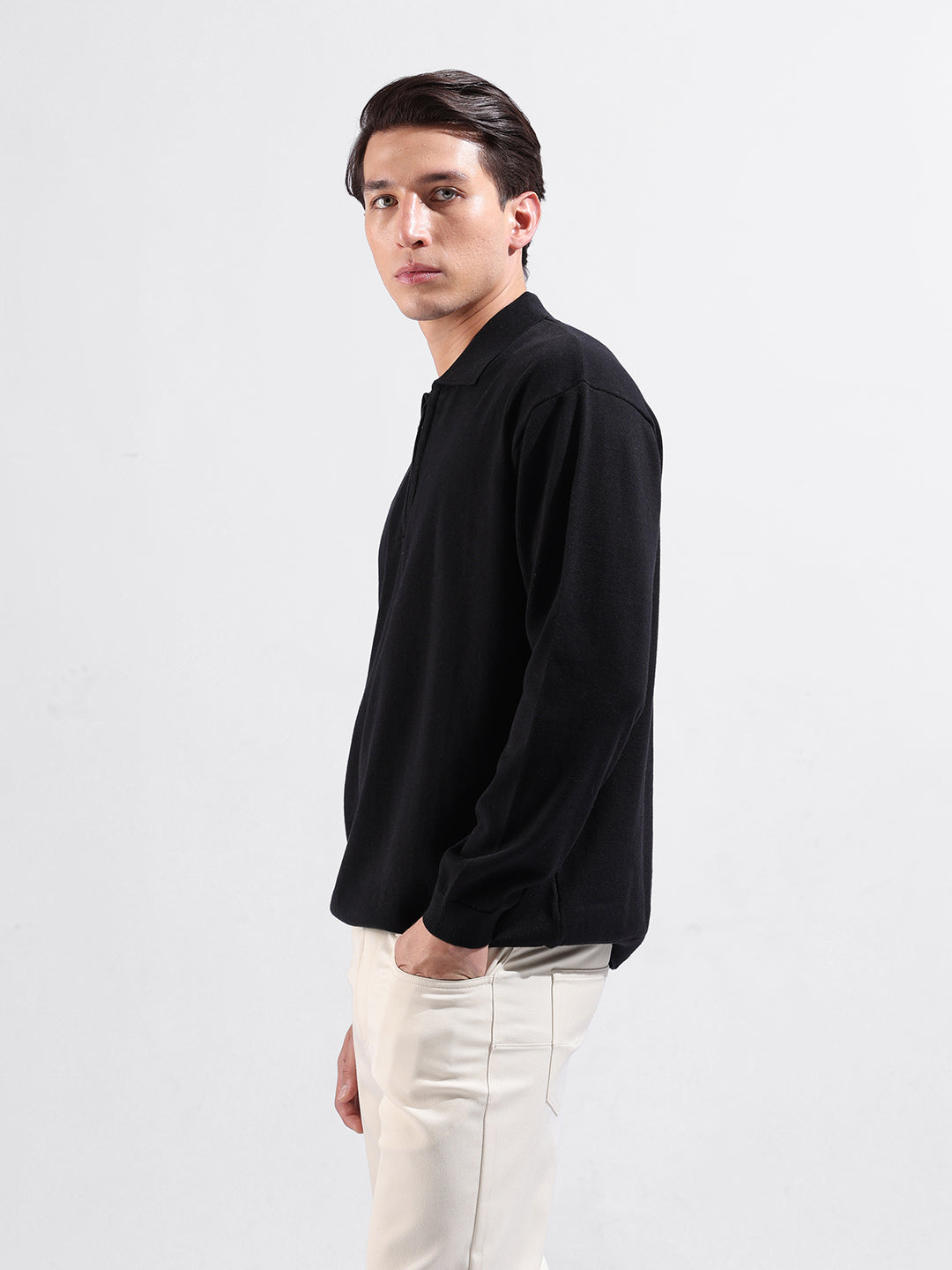 Men's Black Oversized Fit Textured Flat Knit Polo Collar T-Shirt