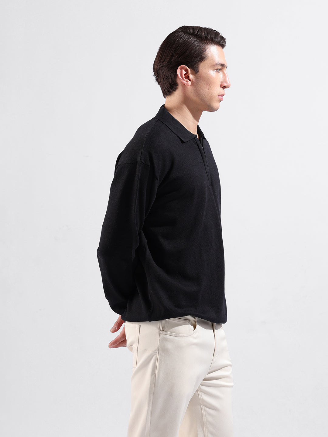 Men's Black Oversized Fit Textured Flat Knit Polo Collar T-Shirt