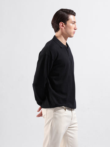 Men's Black Oversized Fit Textured Flat Knit Polo Collar T-Shirt