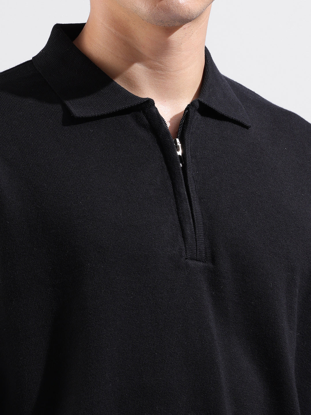 Men's Black Oversized Fit Textured Flat Knit Polo Collar T-Shirt