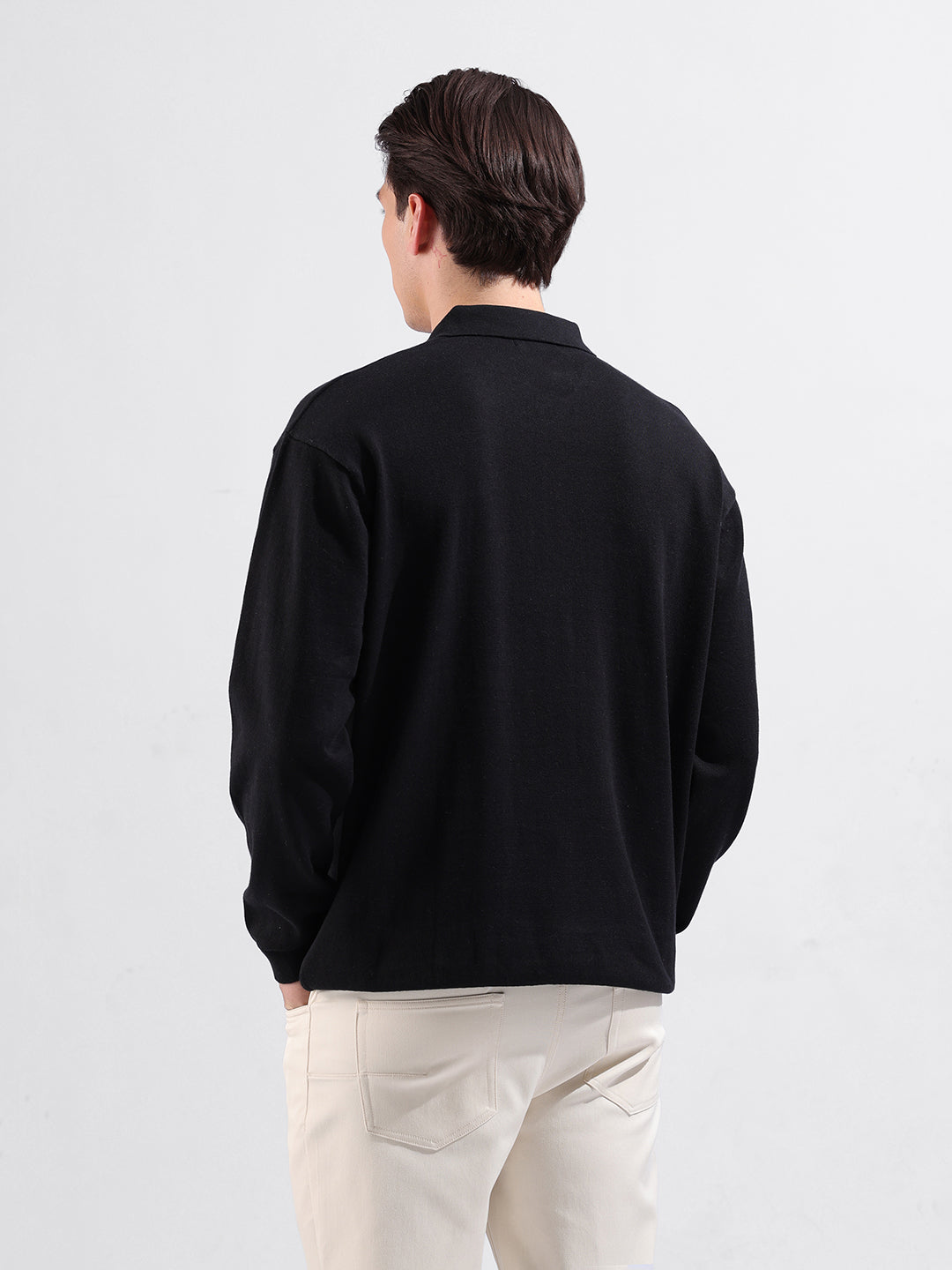 Men's Black Oversized Fit Textured Flat Knit Polo Collar T-Shirt