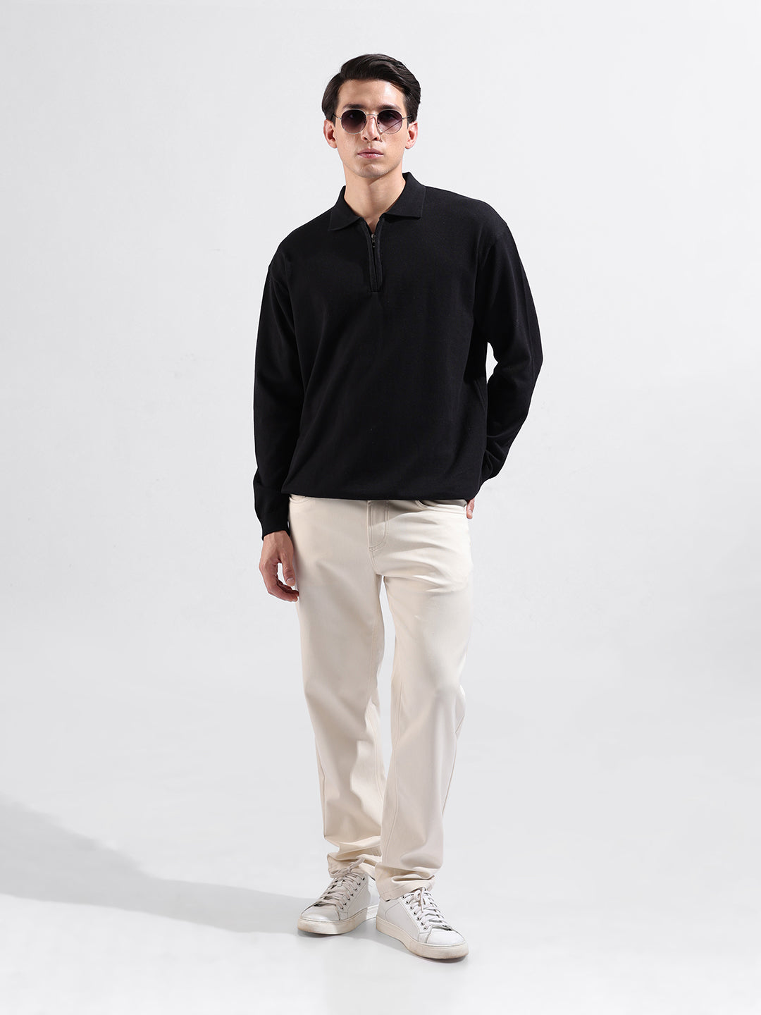 Men's Black Oversized Fit Textured Flat Knit Polo Collar T-Shirt