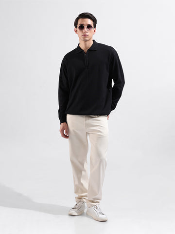 Men's Black Oversized Fit Textured Flat Knit Polo Collar T-Shirt