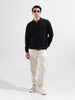 Men's Black Oversized Fit Textured Flat Knit Polo Collar T-Shirt