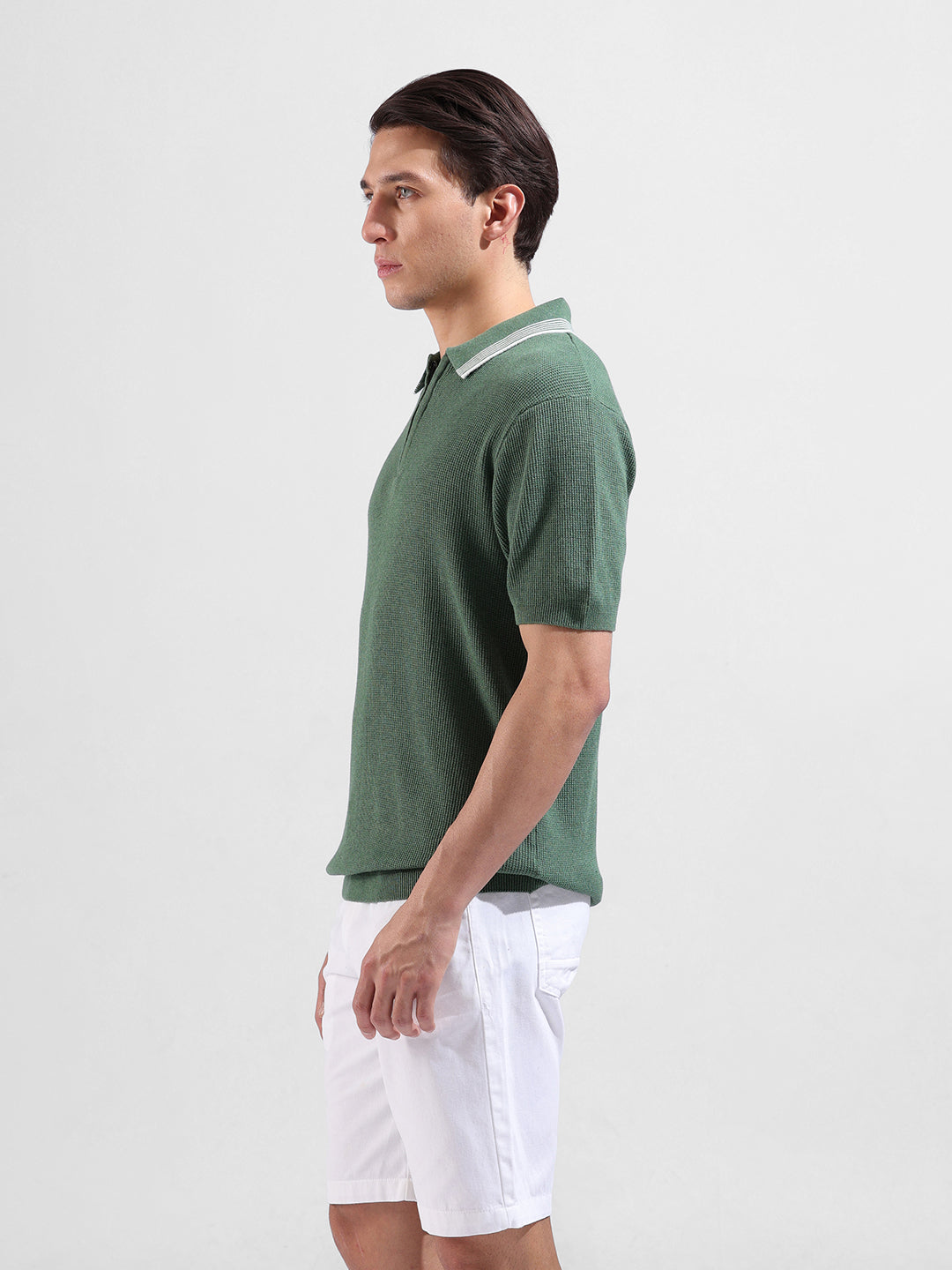Men's Olive Slim Fit Textured Flat Knit Polo Collar T-Shirt