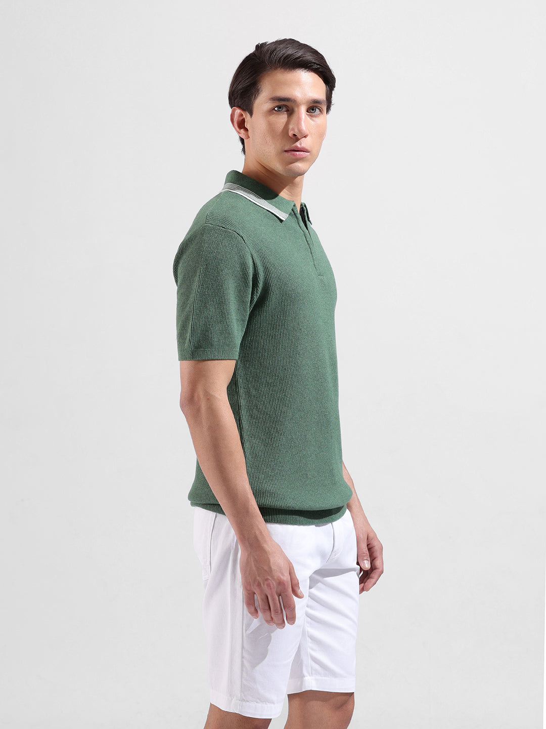 Men's Olive Slim Fit Textured Flat Knit Polo Collar T-Shirt