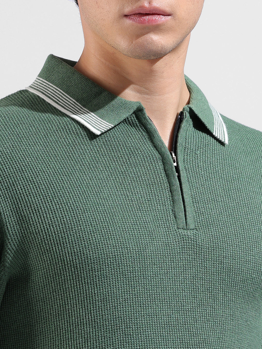 Men's Olive Slim Fit Textured Flat Knit Polo Collar T-Shirt