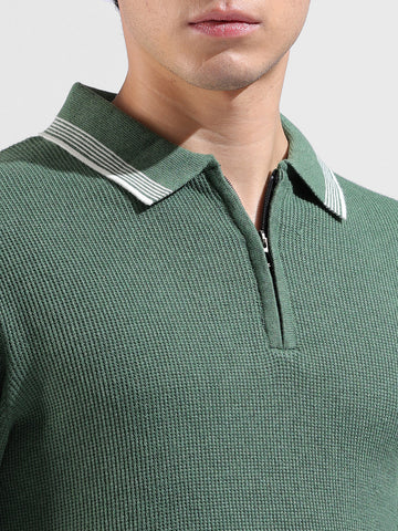 Men's Olive Slim Fit Textured Flat Knit Polo Collar T-Shirt