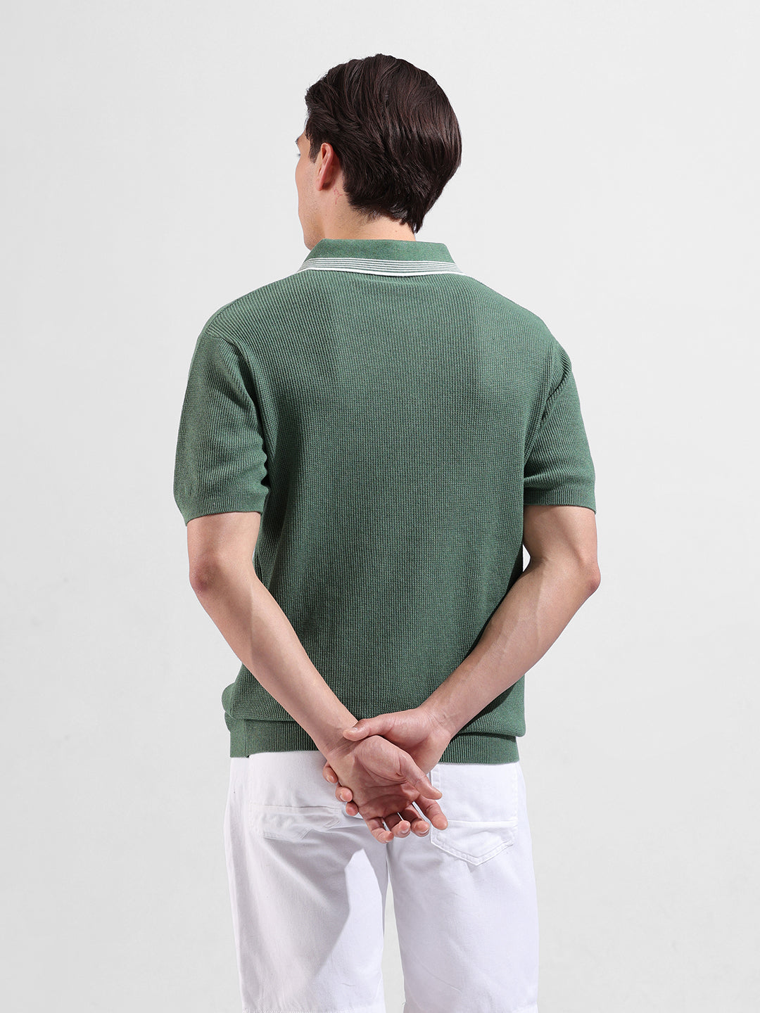 Men's Olive Slim Fit Textured Flat Knit Polo Collar T-Shirt