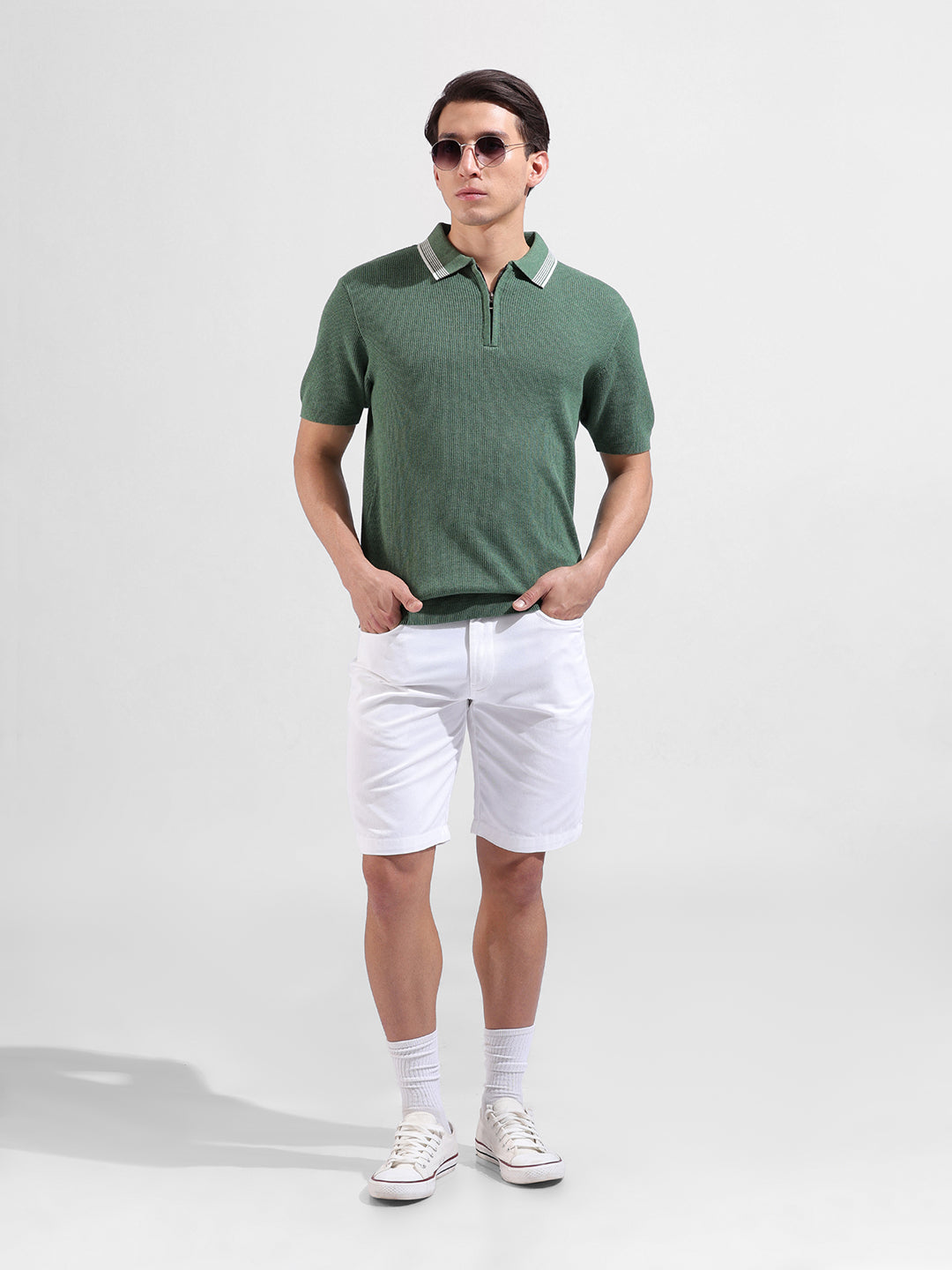 Men's Olive Slim Fit Textured Flat Knit Polo Collar T-Shirt