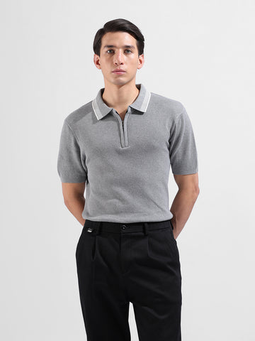Men's Grey Slim Fit Textured Flat Knit Polo Collar T-Shirt