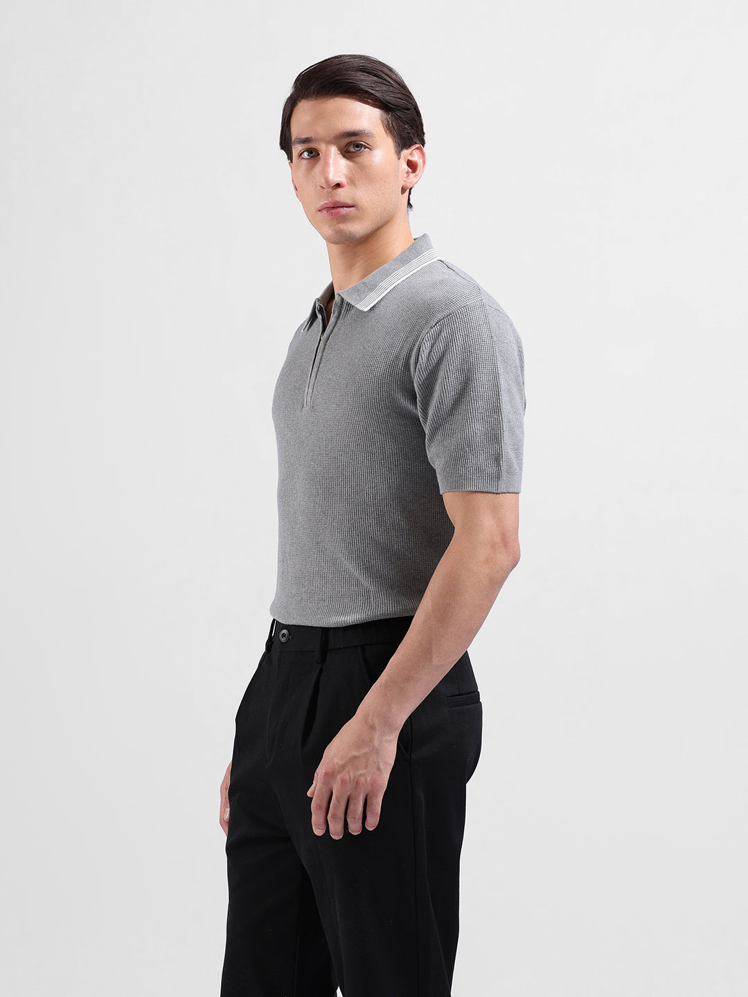 Men's Grey Slim Fit Textured Flat Knit Polo Collar T-Shirt