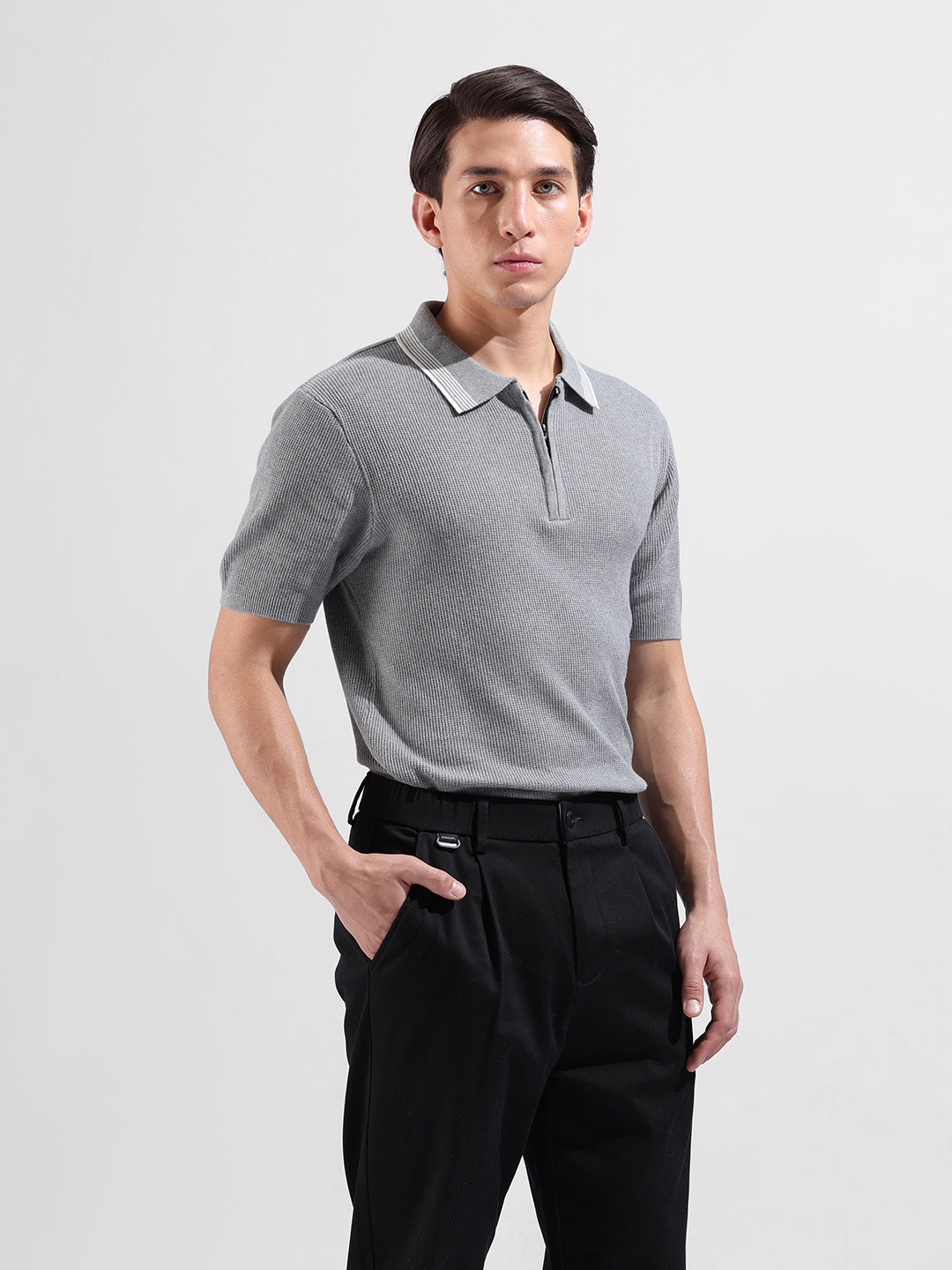 Men's Grey Slim Fit Textured Flat Knit Polo Collar T-Shirt
