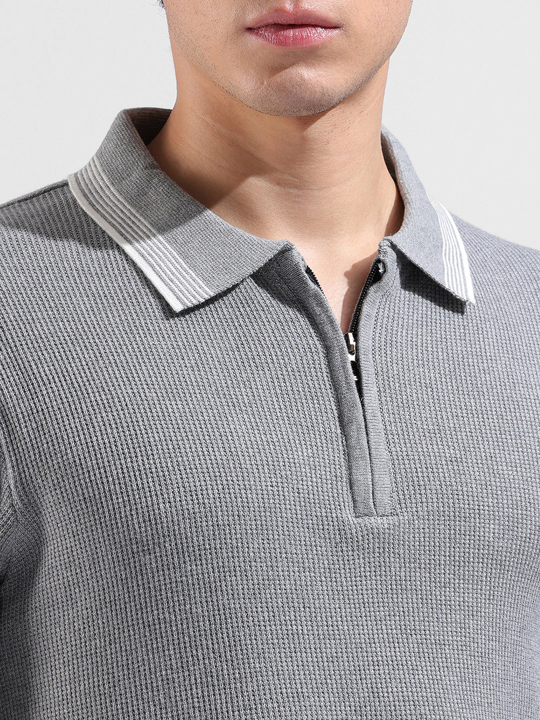 Men's Grey Slim Fit Textured Flat Knit Polo Collar T-Shirt