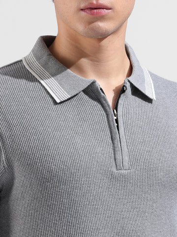 Men's Grey Slim Fit Textured Flat Knit Polo Collar T-Shirt