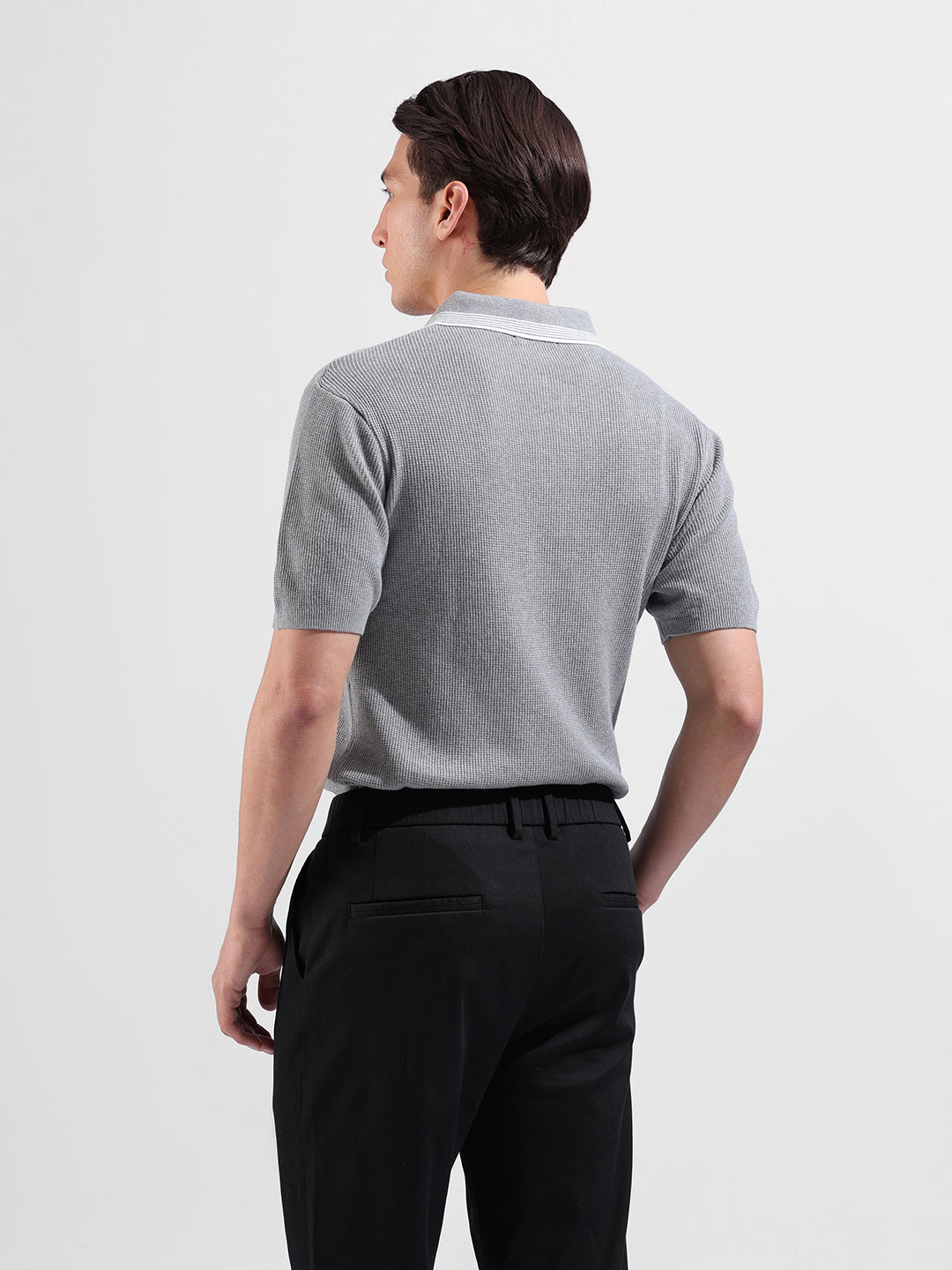 Men's Grey Slim Fit Textured Flat Knit Polo Collar T-Shirt