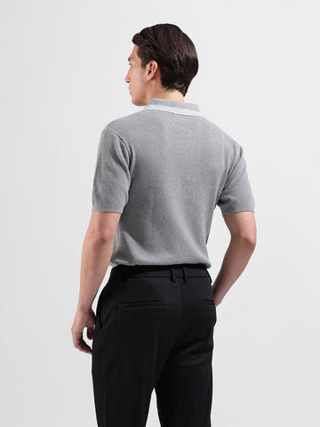 Men's Grey Slim Fit Textured Flat Knit Polo Collar T-Shirt