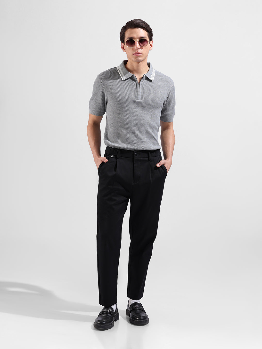 Men's Grey Slim Fit Textured Flat Knit Polo Collar T-Shirt