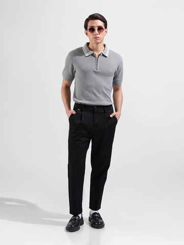 Men's Grey Slim Fit Textured Flat Knit Polo Collar T-Shirt