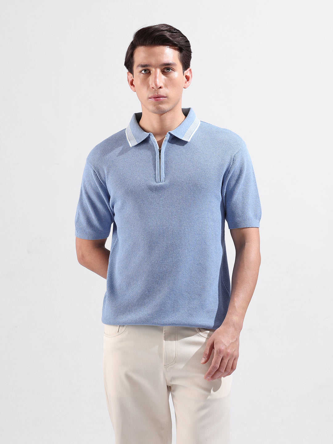 Men's Flat Knit Zipper Polo Slim Fit T-shirt