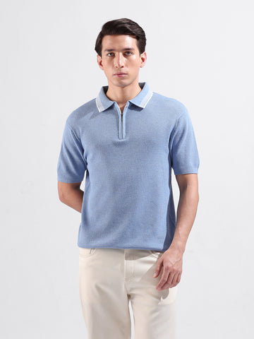 Men's Blue Slim Fit Textured Flat Knit Polo Collar T-Shirt