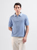 Men's Blue Slim Fit Textured Flat Knit Polo Collar T-Shirt