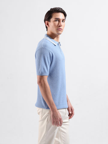 Men's Blue Slim Fit Textured Flat Knit Polo Collar T-Shirt