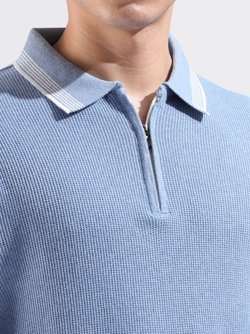 Men's Blue Slim Fit Textured Flat Knit Polo Collar T-Shirt