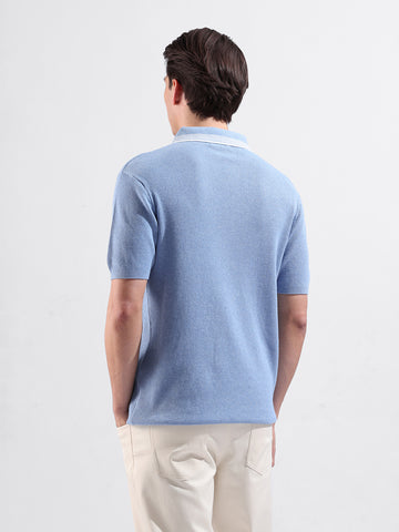 Men's Blue Slim Fit Textured Flat Knit Polo Collar T-Shirt