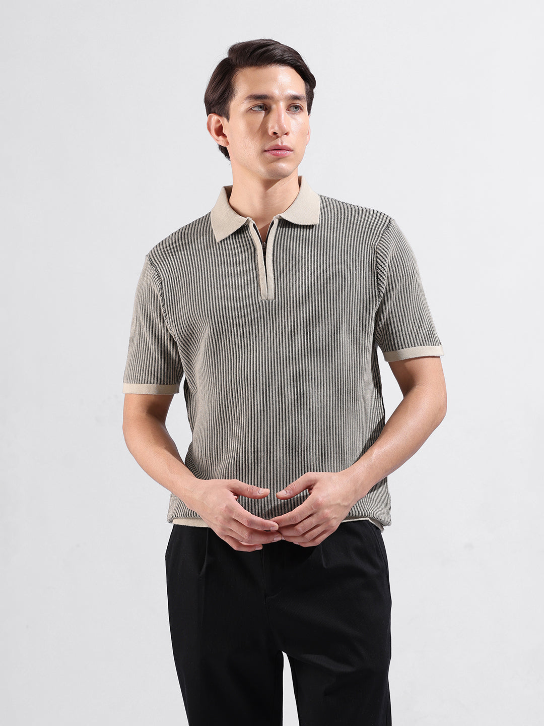 Men's Black Slim Fit Textured Flat Knit Polo Collar T-Shirt