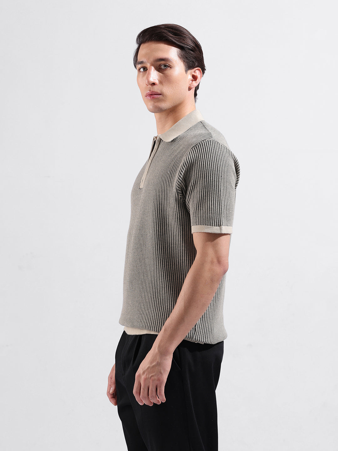Men's Black Slim Fit Textured Flat Knit Polo Collar T-Shirt