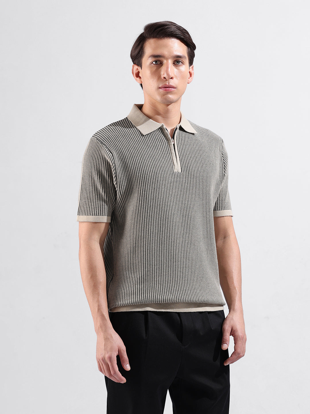 Men's Black Slim Fit Textured Flat Knit Polo Collar T-Shirt