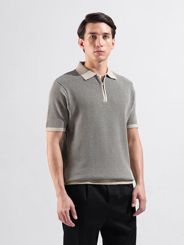 Men's Black Slim Fit Textured Flat Knit Polo Collar T-Shirt