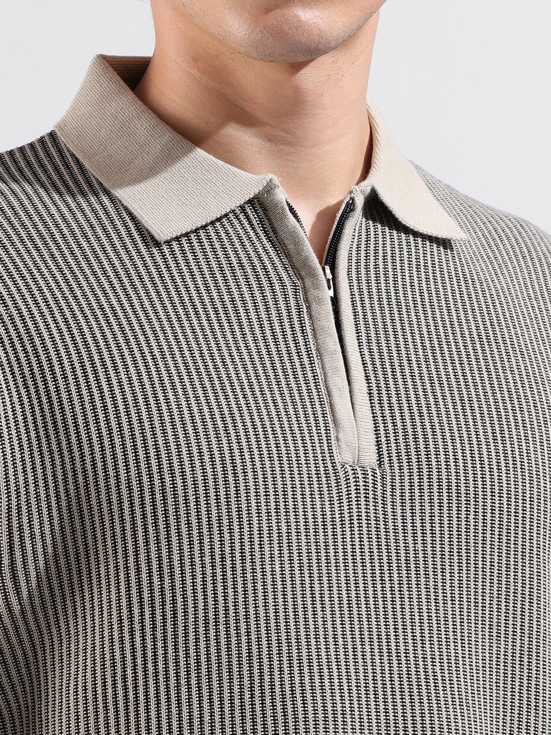 Men's Black Slim Fit Textured Flat Knit Polo Collar T-Shirt